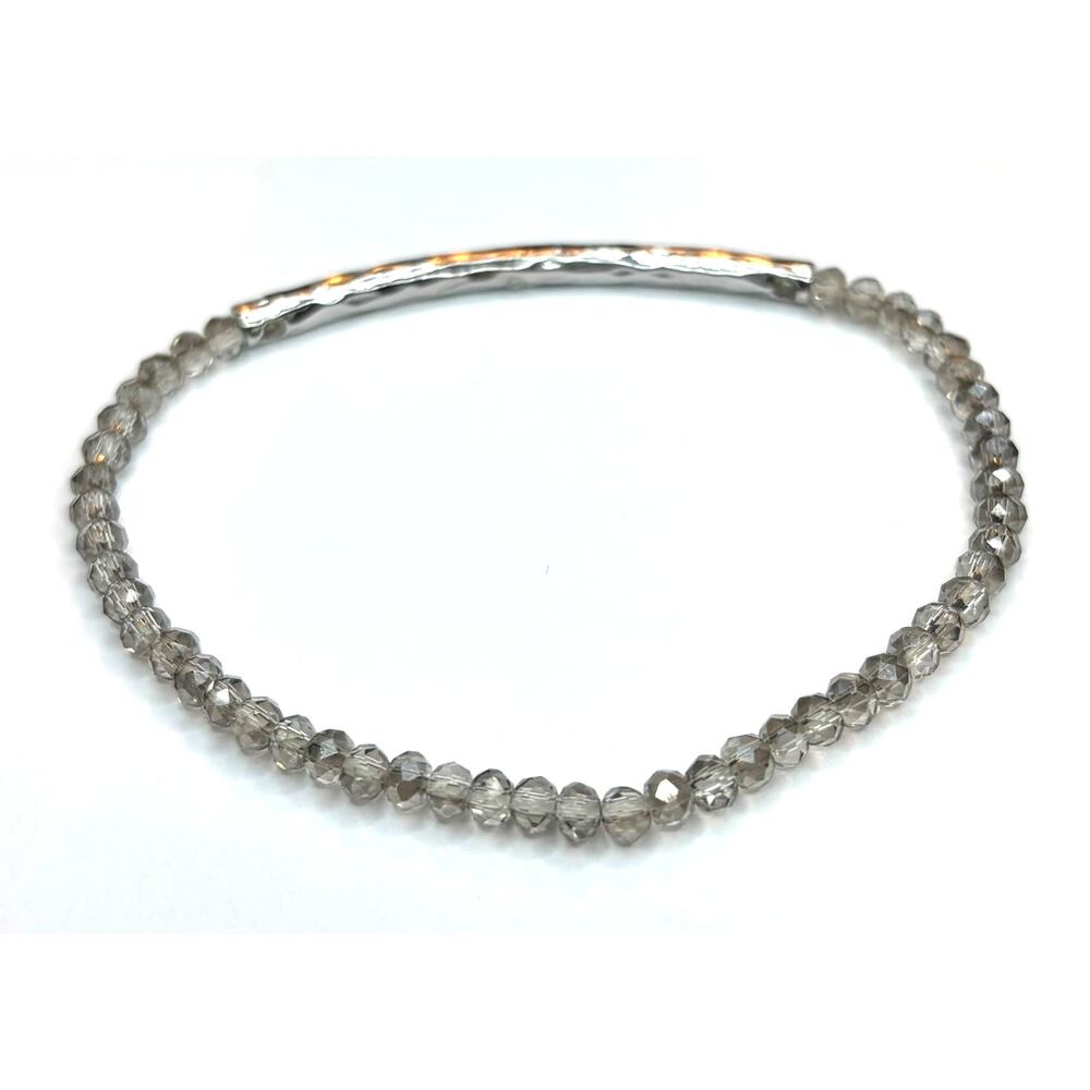 Smoky Gray Bead Bracelet 7" Stretch Silver Tone Hammered Accent Bar Rhinestone